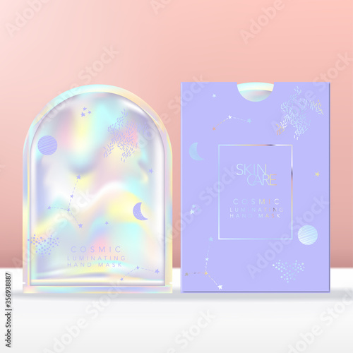 Vector Face, Hand or Foot Mask with Holographic Pouch, Sachet or Packet Packaging. Paper Sleeve with Holographic Foiling.