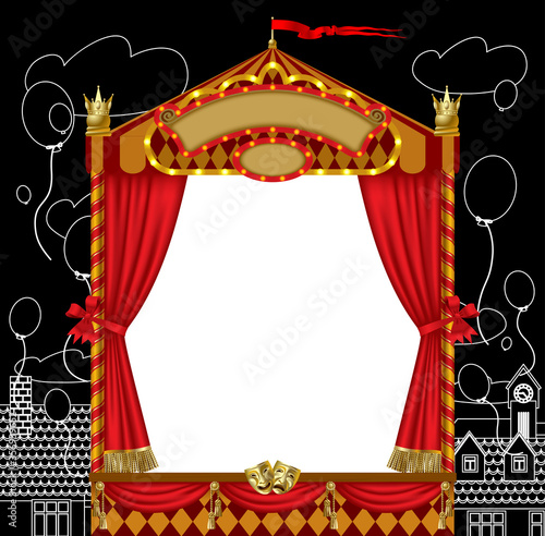 Puppet show booth with theater masks, red curtain, illuminated signboards and contour city on black