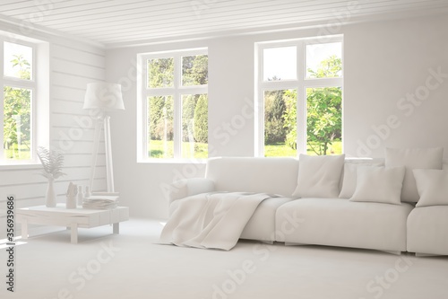 White living room with sofa and summer landscape in window. Scandinavian interior design. 3D illustration