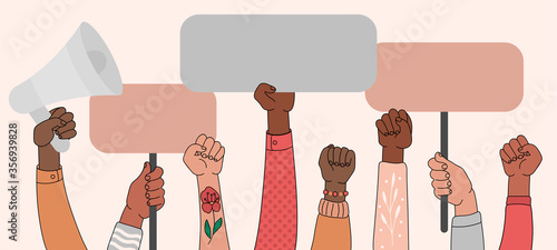 People with blank banner.blank banner for public demonstration poster.black lives matter poster or web banner.team protest,piquet holding billboard together.Group of multinational protesters 