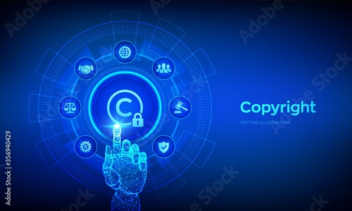 Copyright. Patents and intellectual property protection law and rights. Protect business ideas and headhunter concepts. Robotic hand touching digital interface. Vector illustration.