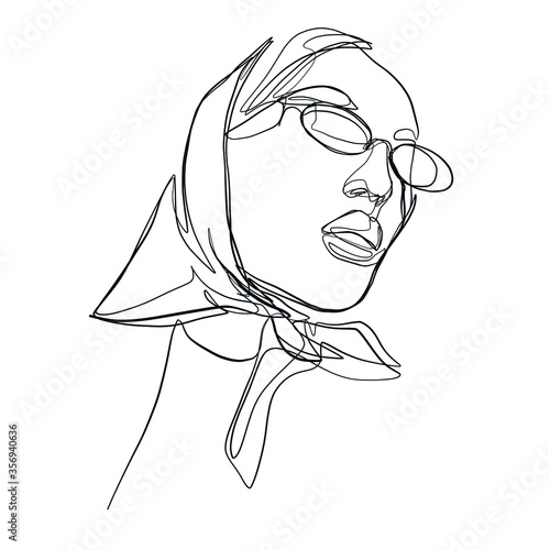 Linear minimal portrait glamour woman in sunglasses and scarf on her head. Silk shawl. Head accessory. Linear glamour logo in minimal design. Beauty and fashion. Logo for glasses and hats shop.