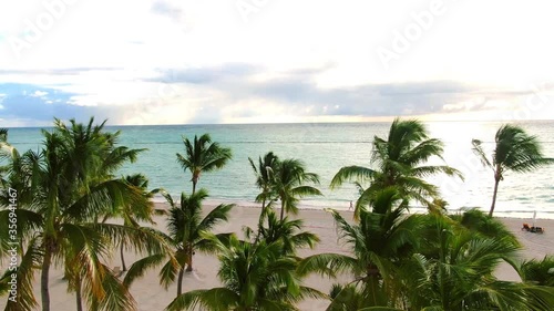 AERIAL DIRECTLY ABOVE Rows Of Luxury BeachLounge Chairs photo