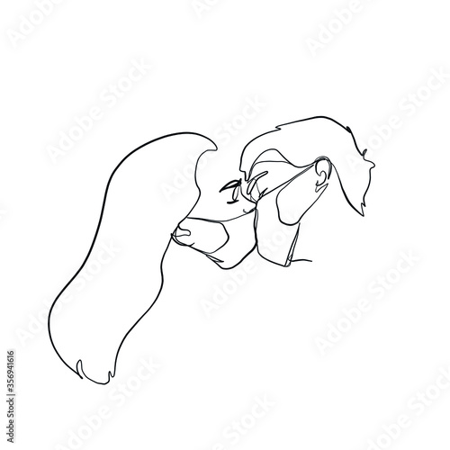 Linear kiss of couple in medical mask to prevent disease, coronavirus flu. One continuous line drawing of lovers. Silhouette male and female. Vector design
