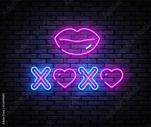 XOXO Neon sign Vector. hugs and kisses neon, design template, modern trend design, night signboard, night bright advertising, light banner, light art. Vector illustration