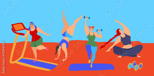 Sport exercises and yoga set.Cute funky plus size girls training.Flat funky characters vector illustration. Fitness with training apparatus. Gym, healthy style.Active sport positive motivation