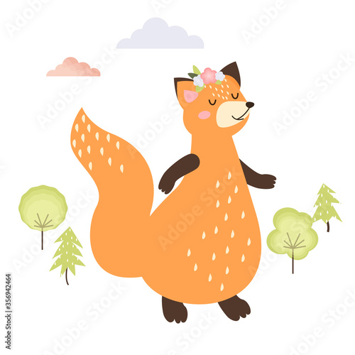 Fototapeta Naklejka Na Ścianę i Meble -  illustration of a cute orange fox with flowers on his head. standing on hind legs with eyes closed. trees and clouds on a white background. For design, baby print, greeting card. flat style. vector.