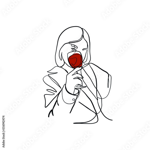 Girl drinks wine from glass. Linear silhouette of woman with glass goblet. Drawing in one continuous line. Linear glamour logo in minimal for wine label. 