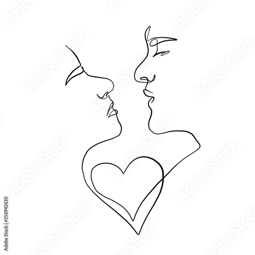 Fototapeta Naklejka Na Ścianę i Meble -  Linear couple in minimal style. One continuous line drawing lovers. Logo couple in love. Silhouette male and female. Vector design for Valentines day, wedding invitations.