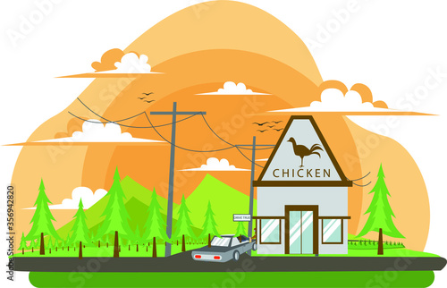 Village landscape at afternoon illustration