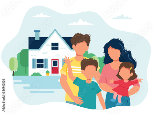 Family with children and a cute house. Vector illustration in flat style