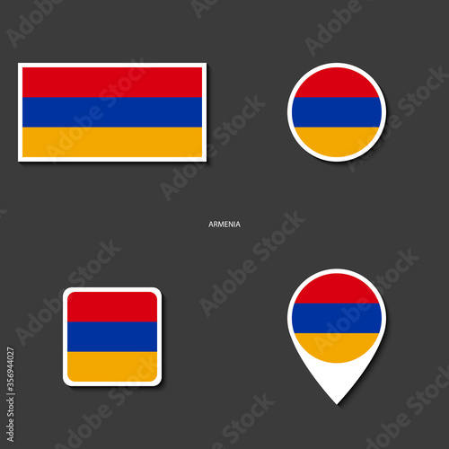Armenia flag icon set in different shape (rectangle, circle, square and marker icon) on dark grey background. Armenia sticker flag collection on barely dark background.