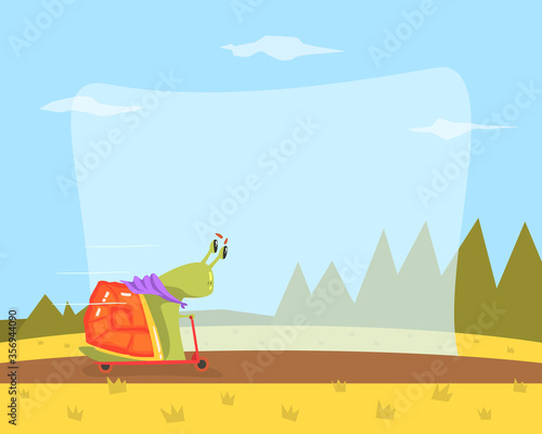 Cute Snail Riding Kick Scooter, Funny Creature Travelling on Summer Vacation Vector Illustration