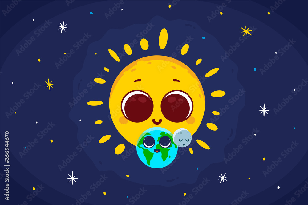 Fototapeta premium Earth Day 22 April! Cute Sun Earth and Moon Cartoon Illustration