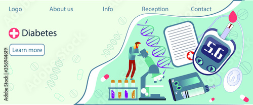 Landing page with magnifier and blood glucose testing meter, doctors, 
insulin pump, tiny people. Diabetes mellitus, type 2 diabetes and insulin production concept vector,