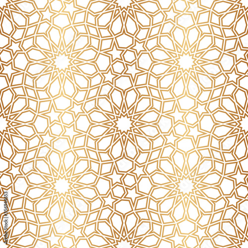Islamic golden seamless pattern. Laser cutting. Ottoman gold geometric background. Islam star. Arabic style. Traditional muslim symbol. Moroccan ornate. East design. Arabian motif. Morocco. Arabesque 