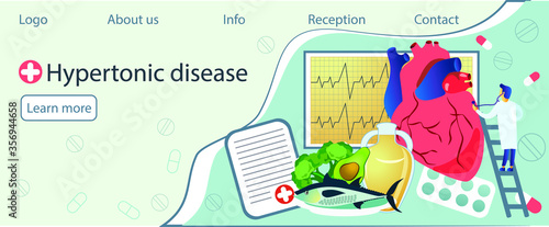 Health concept of hypertension disease tiny doctors treat, heart attack. 
Heart cardiogram, Symptoms and prevention blood pressure health or healthy vector, it is landing page, website, app, banner.