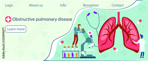 Doctor examines huge lungs desease and microscope. Obstructive pulmonary disease, chronic bronchitis and emphysema concept. Website vibrant 
blue landing web page template.