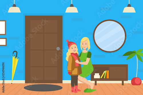 Mother Helping Her Daughter to Get Dressed, Loving Mom and Her Child in Everyday Life at Home Vector Illustration