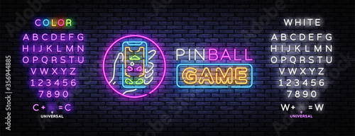 Pinball game neon sign vector design template. Pinball game in smartphone, neon concept, light banner, design element, night bright advertising, bright sign. Vector. Editing text neon sign