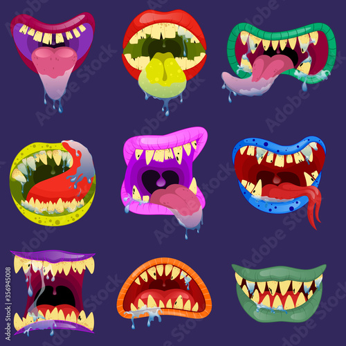 Set mouths of monsters. Monster expression funny, tongue and monster mouths with teeth illustration