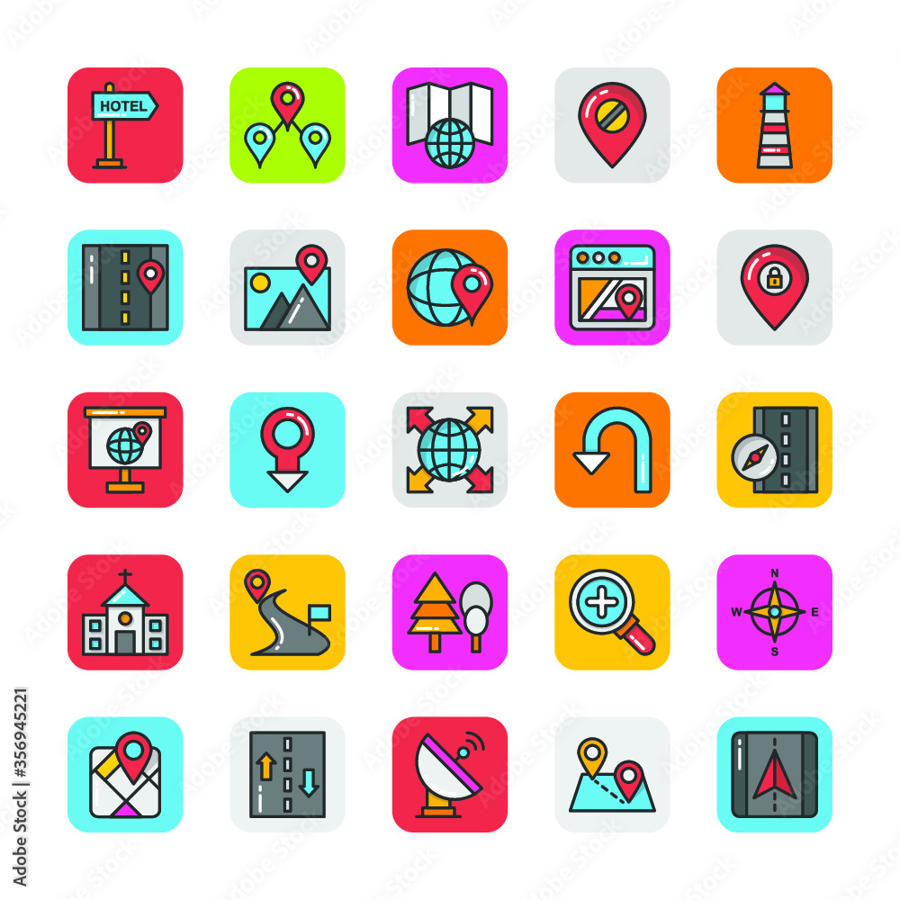 Pack of Colored Maps and Navigation Flat Icons
Pack of Colored Maps and Navigation Flat Icons