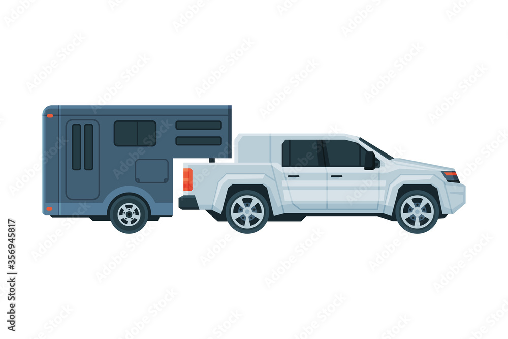 Travel Trailer and Car Crossover, Mobile Home for Trip, Summer Tourism and Vacation Flat Vector Illustration