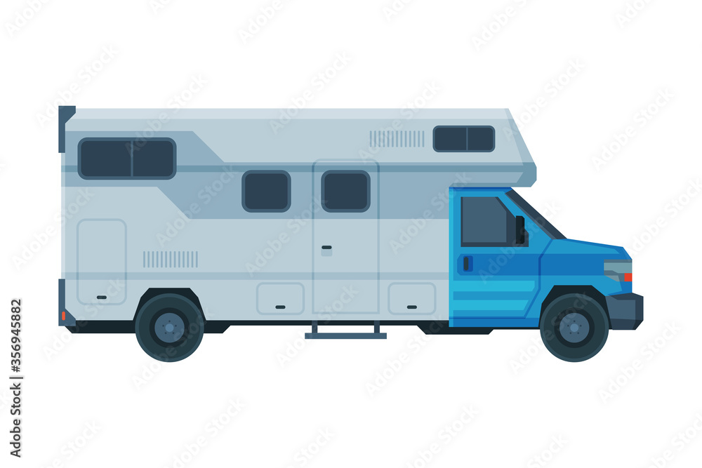 Camper Mobile Home, Mobile Home for Summer Trip, Family Tourism and Vacation Flat Vector Illustration