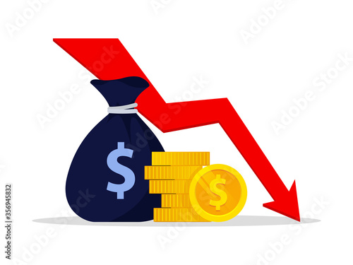 Money loss vector illustration, flat cartoon cash with down arrow stocks graph, concept of financial crisis, market fall, bankruptcy, budget recession.  Business crisis and teamwork concept.