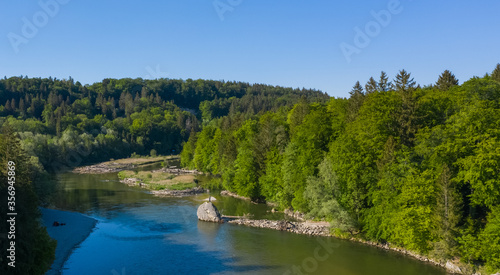 Bird view of Isar river near Baierbrunn with forest around. Typical alpine landscape. © Pablo