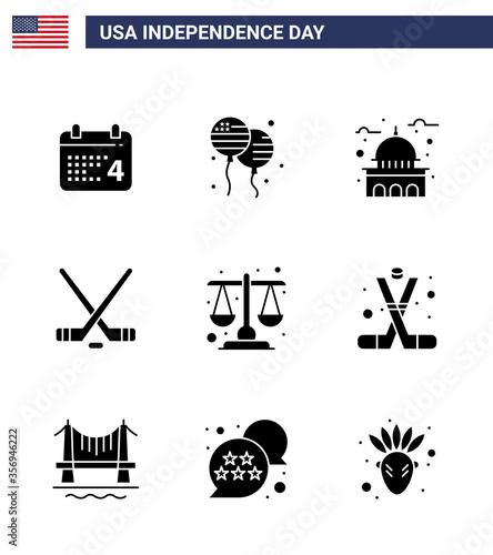 Pack of 9 USA Independence Day Celebration Solid Glyphs Signs and 4th July Symbols such as court; sport; building; ice sport; white photo