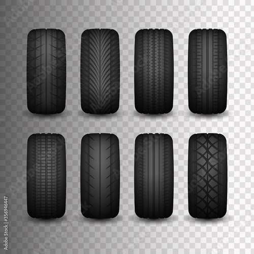 Car tires collection. Rubber for cars with different types of patterns. Advertising for tire fitting. Rubber tires. 