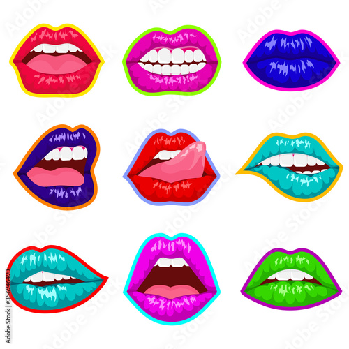 Color lips collection. Vector illustration of sexy woman's flat lips expressing different emotions, such as smile, kiss, half-open mouth, biting lip, lip licking, tongue out.