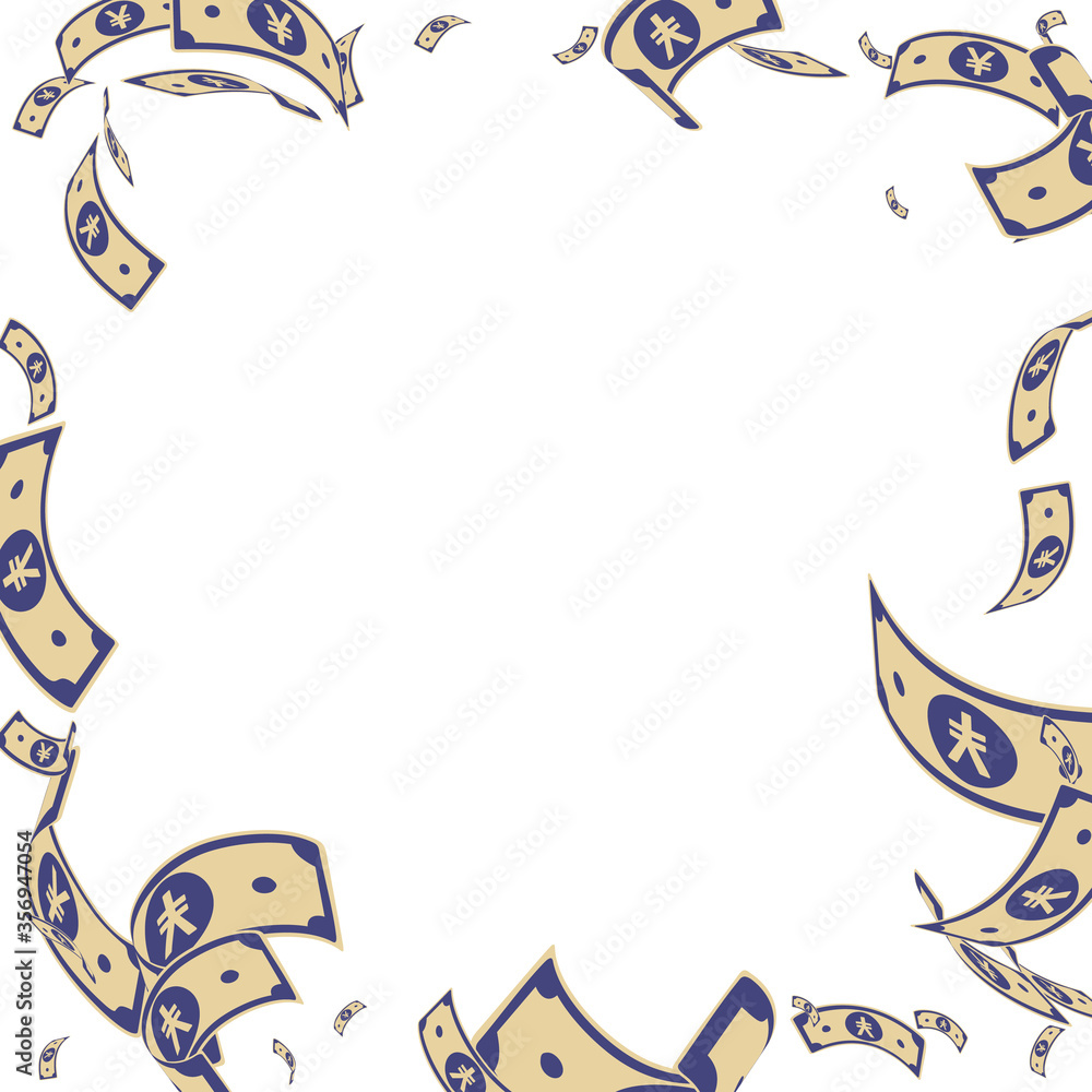 Obraz premium Chinese yuan notes falling. Random CNY bills on wh