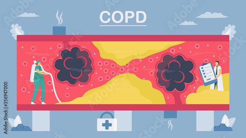 Chronic obstructive pulmonary disease or COPD. Lung have breathing problems and poor airflow. To clean alveoli in blood vessel. Vector illustration in flat design.