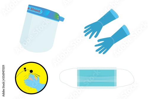 Virus Protection Face Shield Hand gloves Vector Illustrations