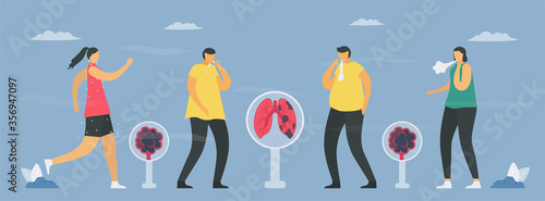 COPD symptoms include tired, cough, sputum, wheezing. Lung have breathing problems and poor airflow. Pulmonology vector illustration.