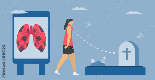 She is tried and going to die with chronic obstructive pulmonary disease or COPD. Lung have breathing problems and poor airflow. Vector illustration in flat design.