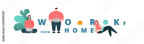 Woman wear mask using laptop and man with a cat working at home. Work from home during outbreak of the coronavirus (COVID-19) disease. Concept for stay home on quarantine to avoid virus pandemic.