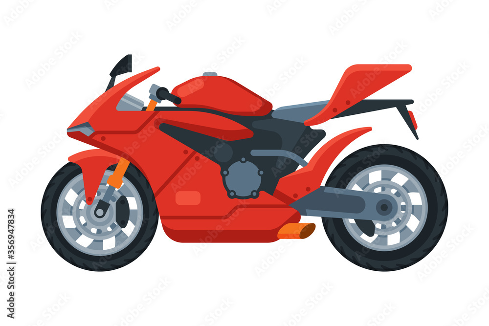 Modern Red Motorcycle, Motor Vehicle Transport, Side View Flat Vector Illustration