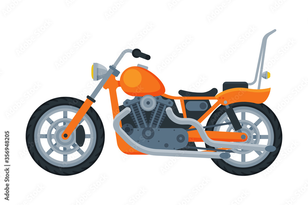 Motorcycle, Orange Motor Bike Vehicle, Side View Flat Vector Illustration