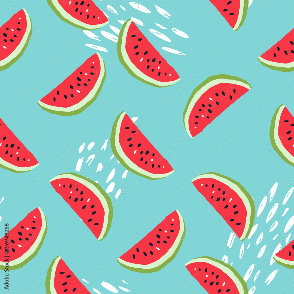 Naklejka Minimal summer trendy vector tile seamless pattern in scandinavian style. Watermelon and abstract elements. Textile fabric swimwear graphic design for print isolated on white.