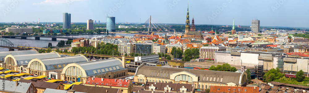 Panoramic aerial view of Riga - obrazy, fototapety, plakaty 