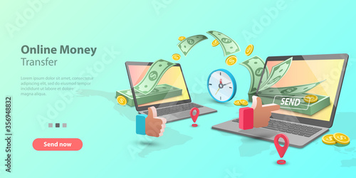 3d Vector concept illustration of mobile money transfer. Two smartphones and bundle of the banknotes and coins are flying from one smartphone to the other. Template for website la