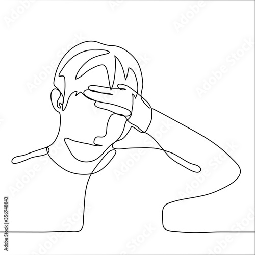 A man with a hand on his forehead. One continuous line art facepalm concept, fatigue, despair, energy loss. Vector illustration
