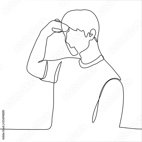 A man covers his eyes from the sunlight. One continuous line art of a young guy looking at something in the distance, closing his eyes from the bright light