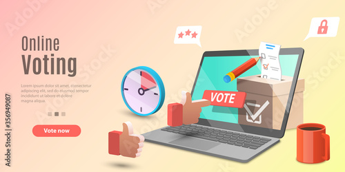 3d Concept of Online Voting App, E-voting, Internet Election System. Vector Template For Web Banner or Website Landing Page.