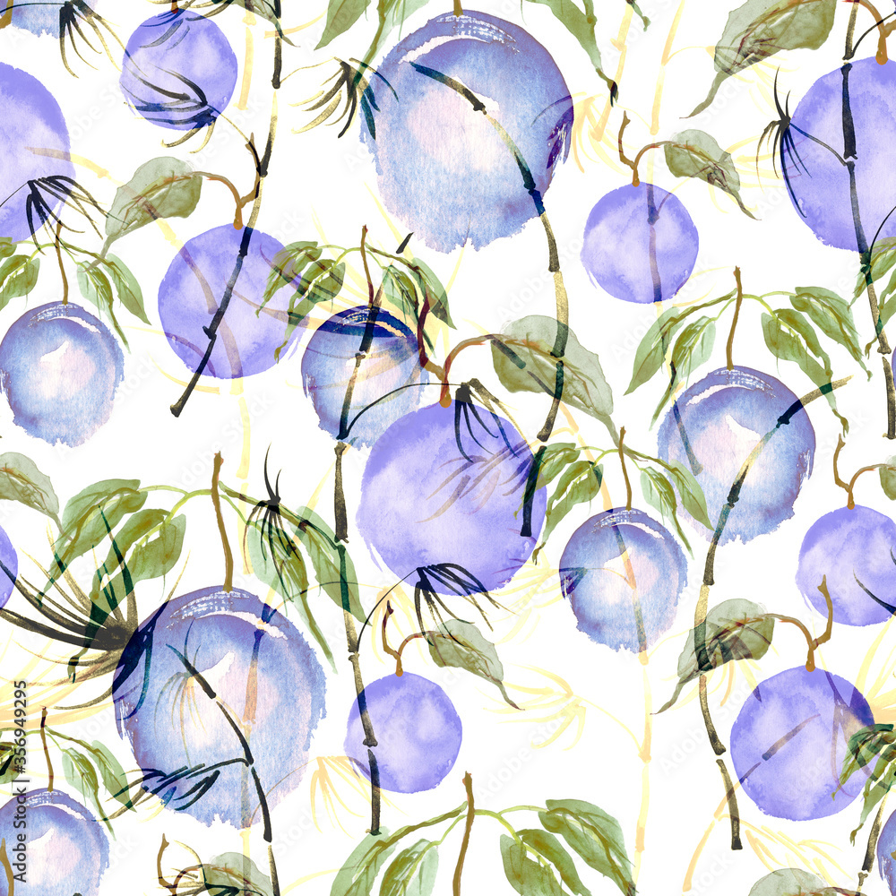 Bamboo watercolor stems and leaves seamless pattern. painting of bamboo forest on textured paper.watercolor bamboo, jungle, thickets. silhouette branches, tropics. tropical fruits, plums with leaves