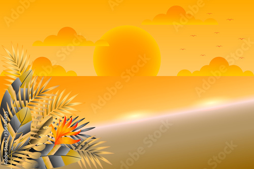 Sunset time on the beach with tropical leaves.  free vector illustration