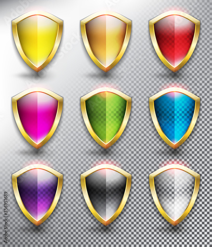 Collection of 9 blank protection shields with metallic, golden frame. Shield icons in 9 different colors. Transparent and isolated on the light background. Vector illustration. Eps10.